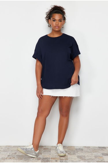 Navy Blue 100% Cotton Back Embroidered Relaxed/Wide Comfort Fit Crew Neck Knitted T-Shirt