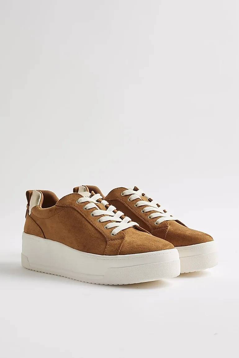 Brown Faux Suede Lace Up Flatform Trainers - 1