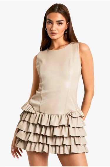 PU Ruffle Hem Mini Dress