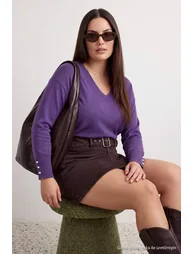 Purple V-Neck Button Detailed Knitwear Sweater - 6