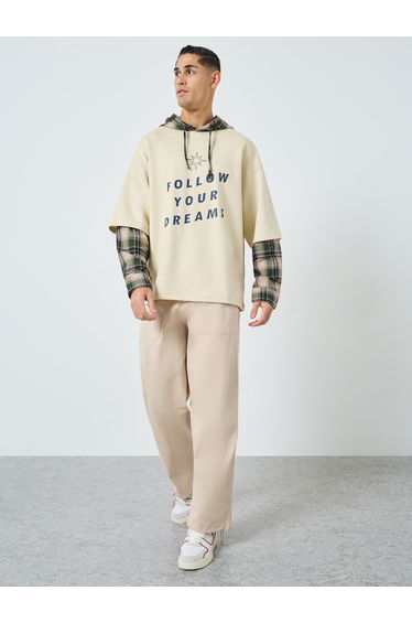 Men Beige Checked Panel Slogan Hoodie