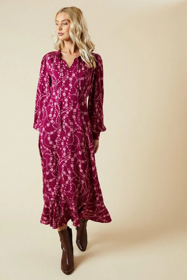 Berry Floral Lace yoke midaxi dress