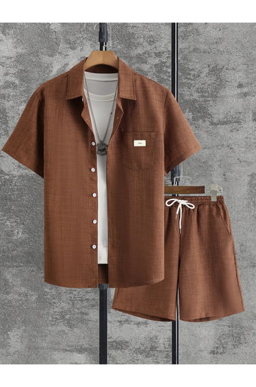 Men Brown Textured Short Sleeve Button Front Shirt and Shorts Co-Ords