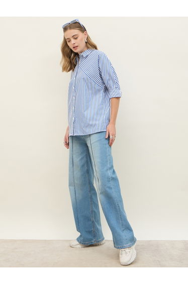 Women Blue Striped Long Sleeve Shirt