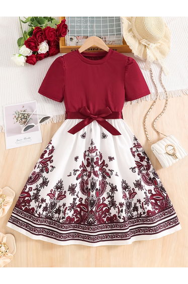 Girls Paisley Print Bow Detail Dress