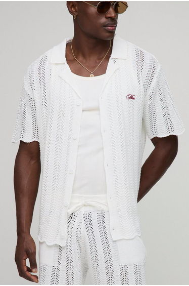 MAN Oversized Boxy Embroidered Wavy Crochet Knitted Shirt - white