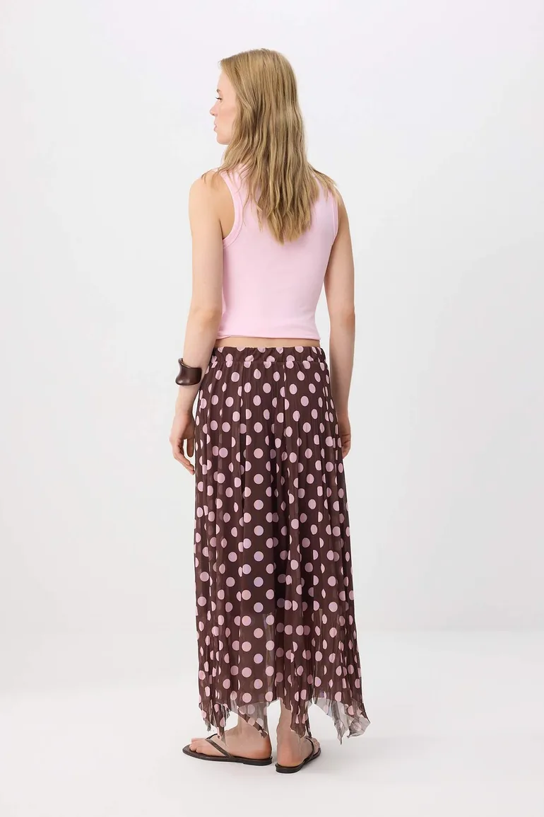 Pink Polka Dot Lined Maxi Knitted A-Line Asymmetrical Skirt - 3