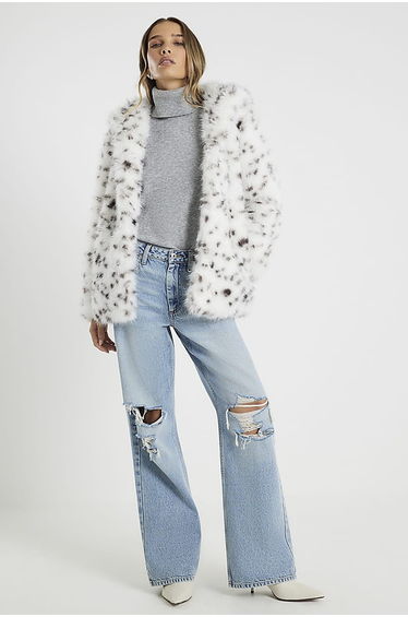 White Animal Print Hooded Faux Fur Coat
