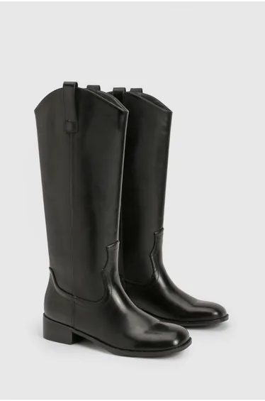 Clean Western Distressed Block Heel Cowboy Boots - black