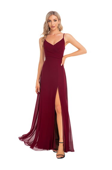 ever RENÉ |Pleated V-Neck Spaghetti Strap High Slit Bridesmaid Dress