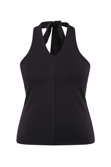 Black Single Jersey Halter Neck Knitted Plus Size Blouse