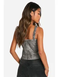 Washed Faux Leather Ruched Strap Corset - grey - 2