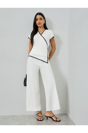 White Contrast Trim V-Neck Top with Pants Co-Ords