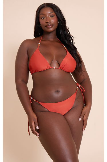 Plus Rust Blurred Print Bead Trim Tanga Bikini Bottoms