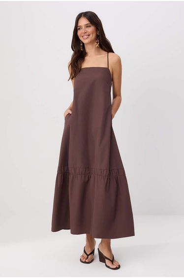 Brown Plain Maxi Woven Dress