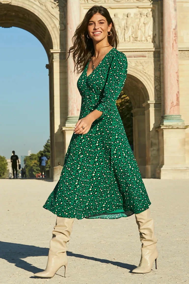 Shop Green Animal Print Ruched Front Midi Dress Online in Oman Shop Green Animal Print Ruched Front Midi Dress Online in Oman