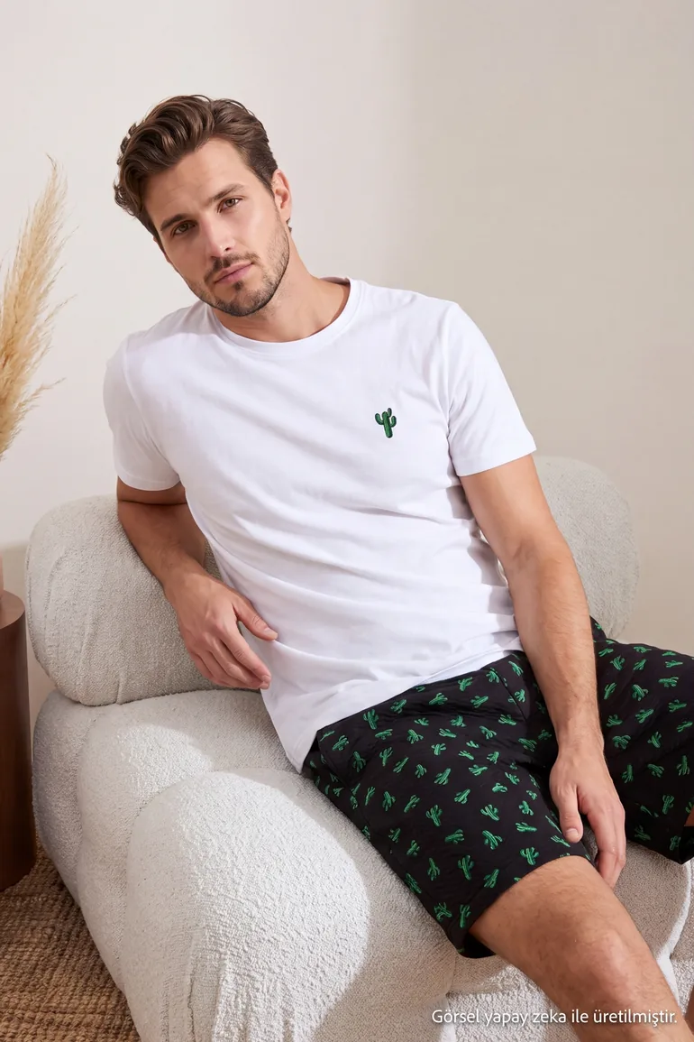 Navy Blue Regular Cut Cactus Printed Cotton Piece Knitted Pajama Set - 5