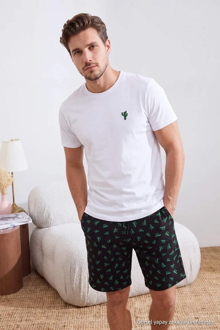 Navy Blue Regular Cut Cactus Printed Cotton Piece Knitted Pajama Set