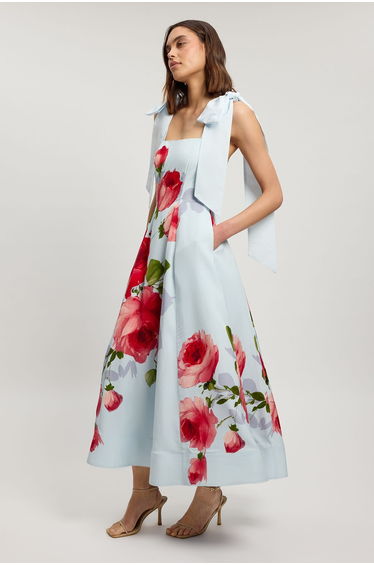 Petite Viscose Linen Floral Print Woven Prom Dress