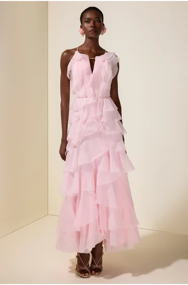 Ruffle Solid Slip Maxi Dress