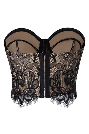 Exquisite Black Floral Lace Strapless Corset Bra Top for Romantic Date & Evening Glam
