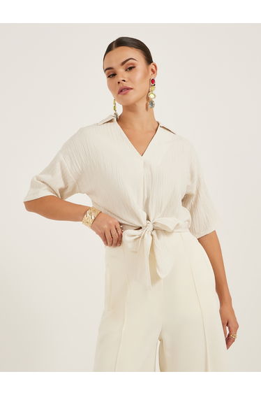 Textured V-Neck Tie-Up Detail Top