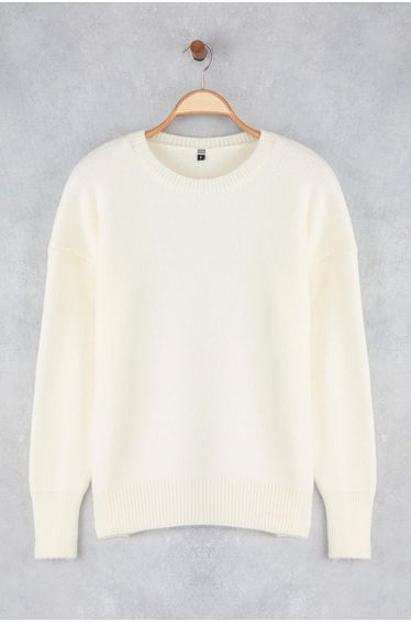 Ecru Wool Premium Yarn/Special Yarn Basic Wide Pattern Knitwear Sweater