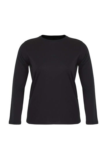 Black 100% Cotton Long Sleeve Crew Neck Regular Basic Knitted Plus Size T-Shirt