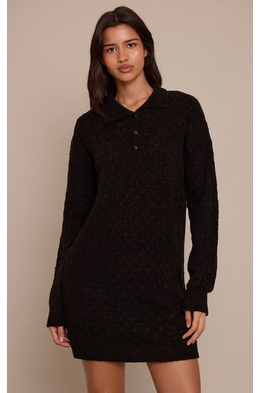 Tall Black Boucle Cable Knit Mini Shirt Dress