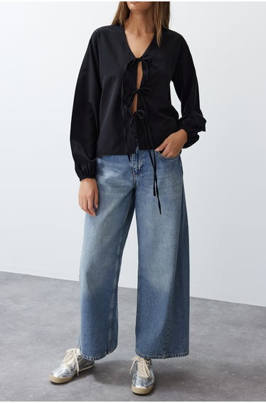 Black Front Tie Woven Shirt