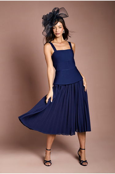 Bandage Bodice Midi Dress With Pleated Skirt