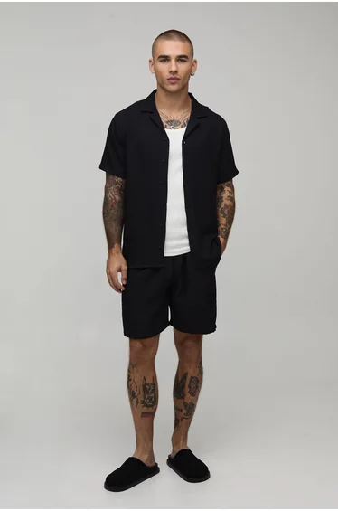 Regular Fit Short Sleeve Shirt and Short Set - black