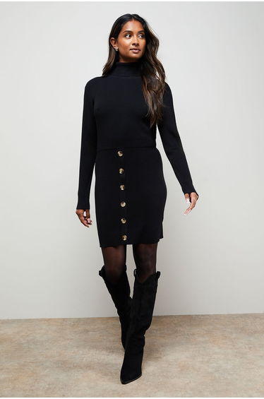 Button Down High Neck Mini Dress