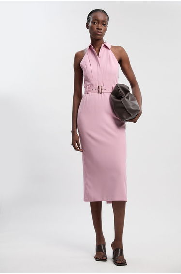 Twill Contrast Collar Woven Halter Neck Midi Dress