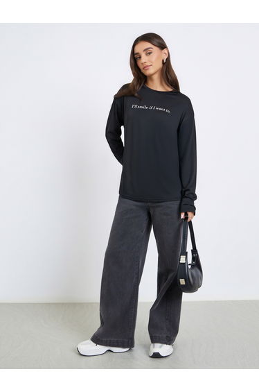 Women Black Long Sleeve Slogan Oversize T-shirt