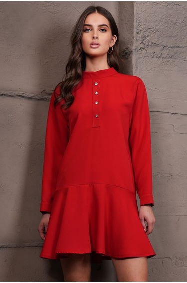 Women's Red Crew Neck Button Front Mini Length Dress