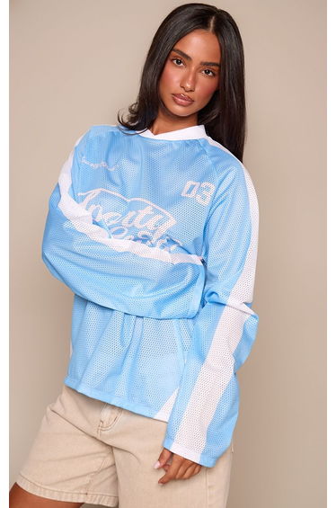 Petite Baby Blue Long Sleeve Graphic Sports Jersey