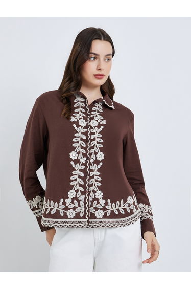 Women Brown Embroidered Long Sleeve Shirt