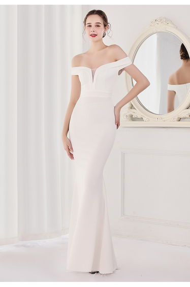 Off-Shoulder Mesh Inserted Satin Gown in White