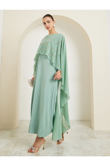 Green Embellished Cape Sleeve Kaftan Maxi Dress