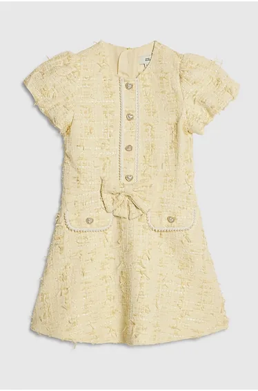Girls Yellow Bow Boucle Pearl Dress