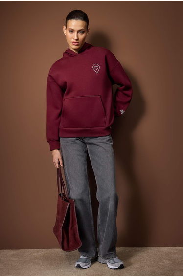 Burgundy embroidered/embroidered oversize/wide fit hooded knitted sweatshirt