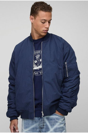 Tall Peached Embroidered MA1 Bomber Jacket - navy