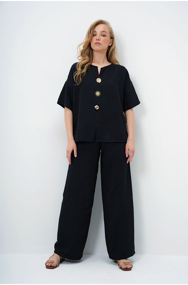Women's Black V-Neck Metal Gold Button Detail Aerobin Blouse and Pant Bottom Top Suit