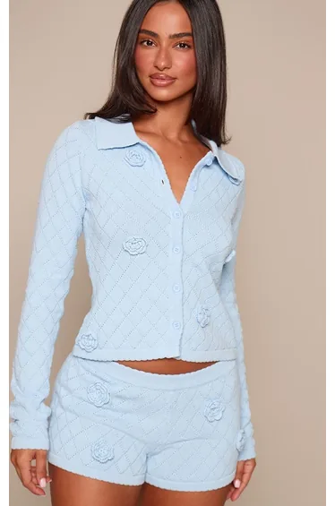 Petite Ice Blue Floral Applique Knitted Button Up Shirt