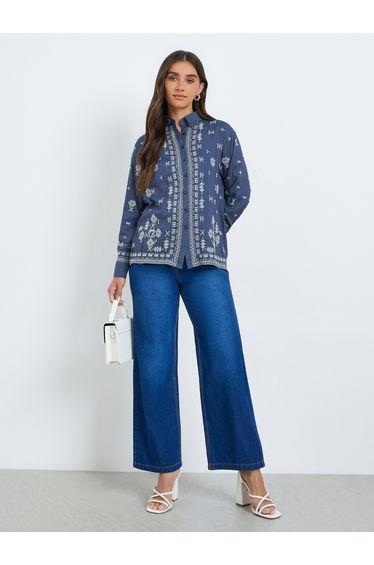 Women Blue Embroidered Oversized Shirt