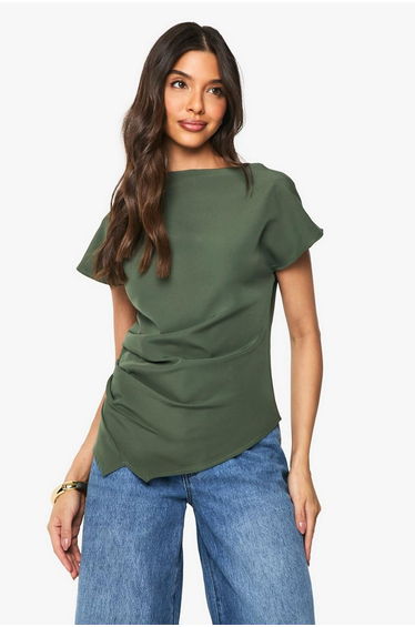 Woven Ruched Side Split Top - olive