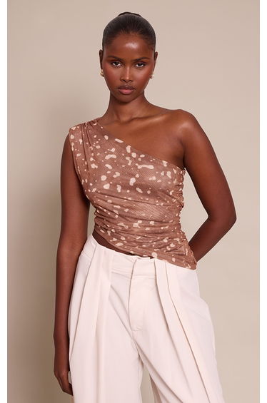 Printed Mesh Asymmetric One Shoulder Top
