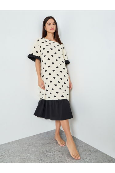 Women Love Heart Printed Short Sleeve Midi Nightdress