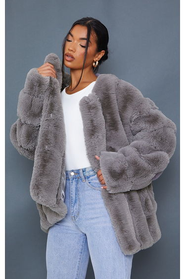Grey Faux Fur Bubble Vertical Coat